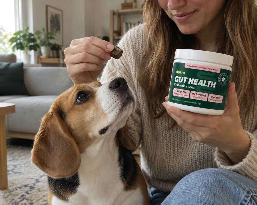 Biglis žiūri į šeimininko rankoje laikomą Auffa GUT HEALTH skanėstą su probiotikais.
